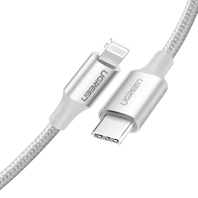 Ugreen 70525 Cáp UGREEN USB-C to Lightning M/M vỏ nhôm bện 2m (Màu bạc) chính hãng