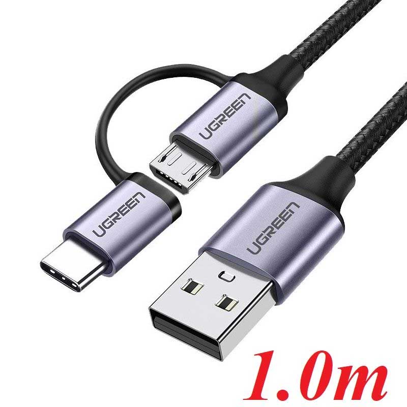 Ugreen 30875 Cáp UGREEN USB-A to Micro USB + USB Type-C 1m (Đen) cao cấp