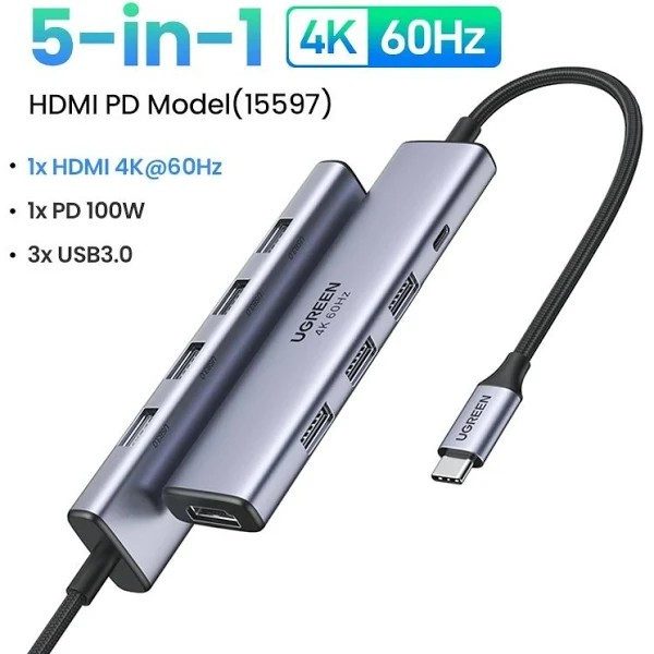 Ugreen 15597 Bộ chuyển đổi nguồn USB-C sang HDMI+3*USB 3.0 A+PD 4K@60Hz với PD