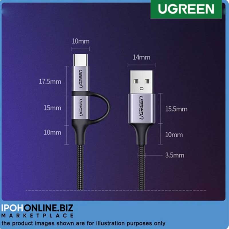 Ugreen 30875 Cáp UGREEN USB-A to Micro USB + USB Type-C 1m (Đen) cao cấp