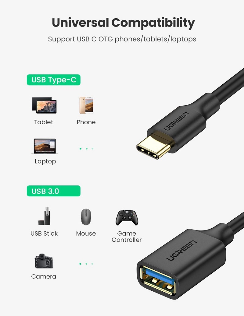 Ugreen 30701 USB-C sang USB 3.0 A m&agrave;u đen cao cấp.