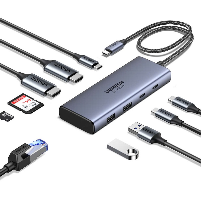 45380 10 IN 1 Hub chuyển USB typeC sang 2 HDMI, 2 USB A, 2 USB C, 1 PD 100w, Đầu đọc thẻ SD/TF