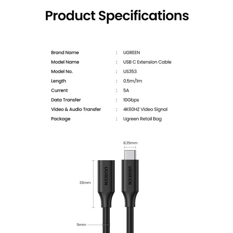 Ugreen 10387 Cáp nối dài USB Type-C 3.1 GEN2 (Male/Female) hỗ trợ 4k@60hz dài 1m chính hãng