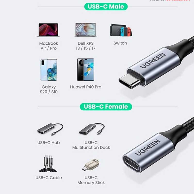 Ugreen 80810 Cáp nối dài USB Type-C 3.1 GEN2 (Male/Female) dài 0,5m dây bọc dù cao cấp