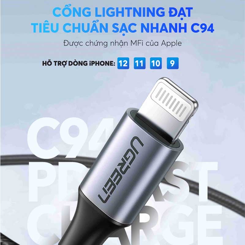 Ugreen 80564 Cáp UGREEN USB-C to Lightning Vỏ nhôm bện 1m (Xanh đậm)