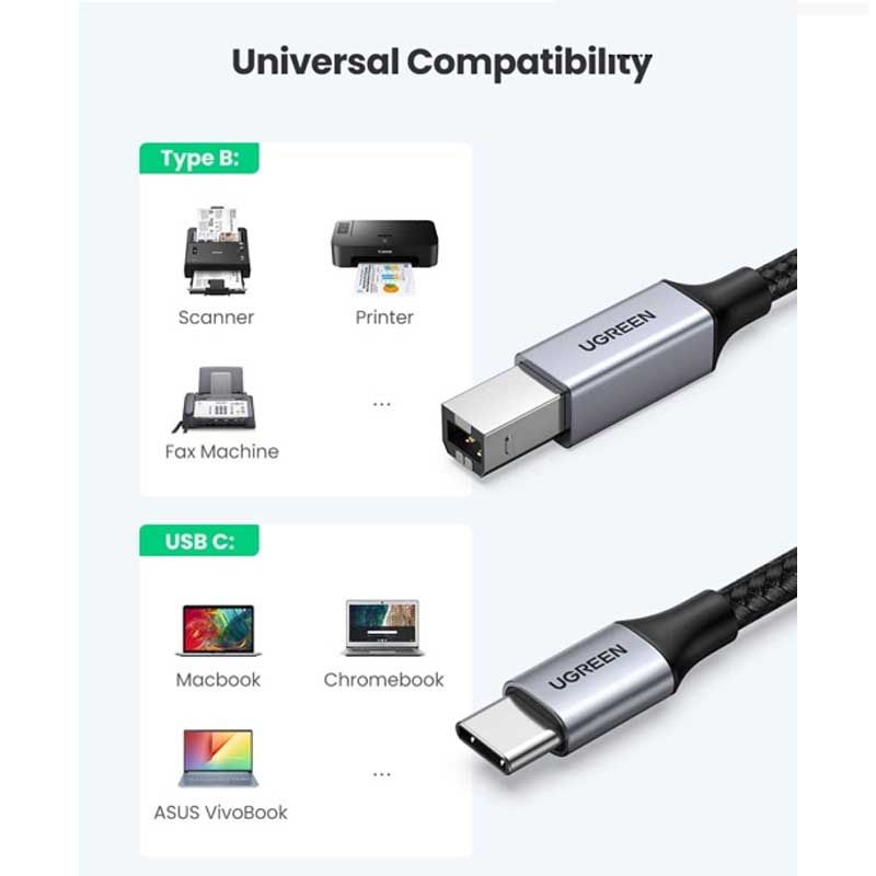 Ugreen 80805 Cáp máy in USB-C to USB-B  dài 1M Vỏ nhôm bọc dù chính hãng cao cấp