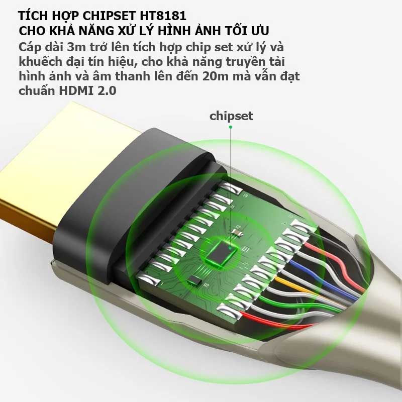 Ugreen 50114 Cáp hợp kim kẽm sợi carbon UGREEN HDMI 2.0 chuẩn 4K/60Hz dài 15m (Gray) chính hãng