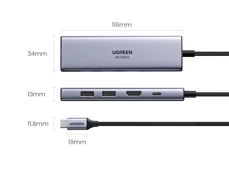 Ugreen 60384 - Bộ chuyển USB typeC sang 2×USB3.0+HDMI (4K60HZ)+SD TF+PD 6 IN 1