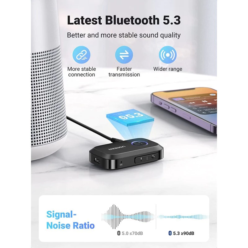 Ugreen 90748 Thiết Bị Nhận Âm Thanh Bluetooth 5.3, khoảng cách 15m, kết nối cùng lúc 2 điện thoại