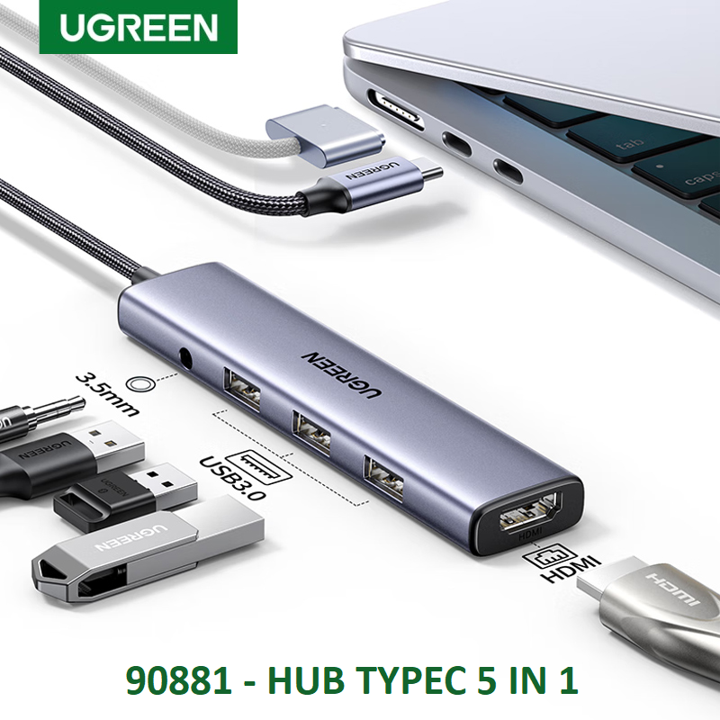 Ugreen 90881 Bộ chuyển đổi nguồn USB-C Sang HDMI+3*USB 3.0 A+AUX3.5mm+ 4K@30Hz