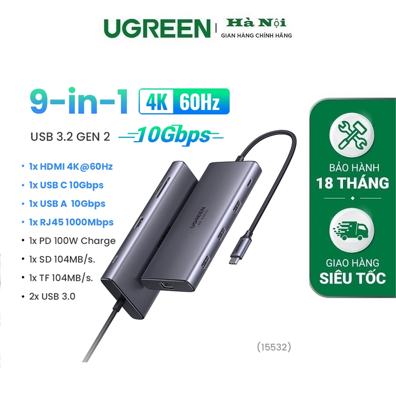 Ugreen 15532 Hub chuyển USB typeC sang 2*USB A3.0 + 1USBA + 1USB-C + HDMI + RJ45 Gigabit + SD/TF
