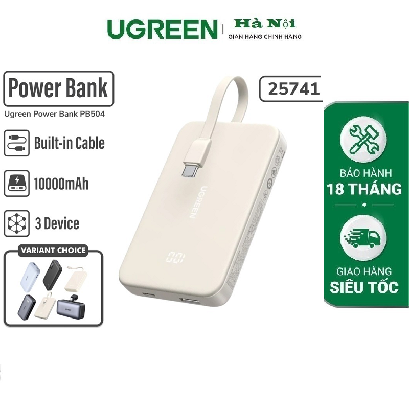 Ugreen 25741 pin dự phòng power bank  10000mAh 20w max 1c1a dính sẵn dây usb type c và màn hình LCD