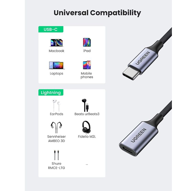 UGREEN 70953 Cáp chuyển đổi âm thanh USB Type-C sang cổng tai nghe Lightning chính hãng