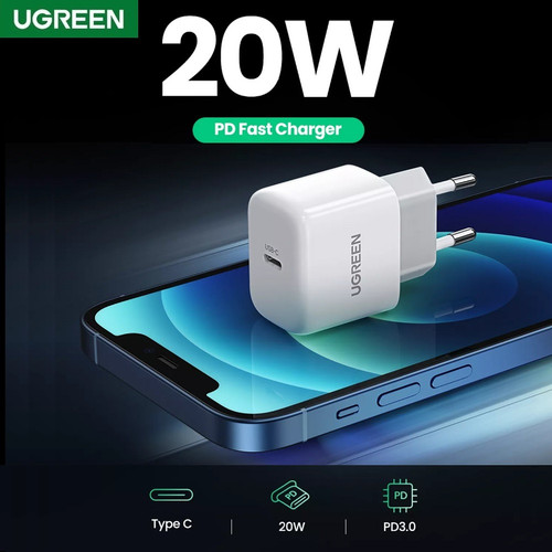 10220 Củ sạc nhanh cổng USB Type-C 20W Màu Trắng Ugreen CD241 chân cắm chuẩn Anh