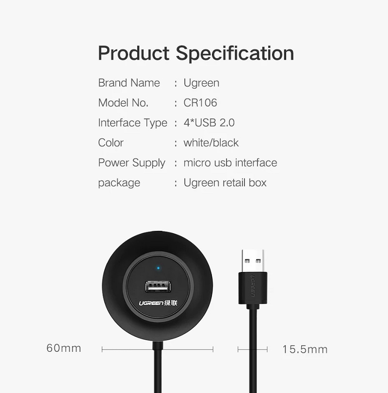 Bộ chia 4 cổng USB 2.0 Ugreen 20277 (màu đen) cao cấp