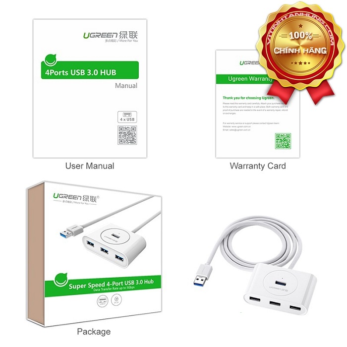 Bộ chia Hub USB 3.0 ra 4 cổng dài 80cm chính hãng Ugreen 20283 cao cấp