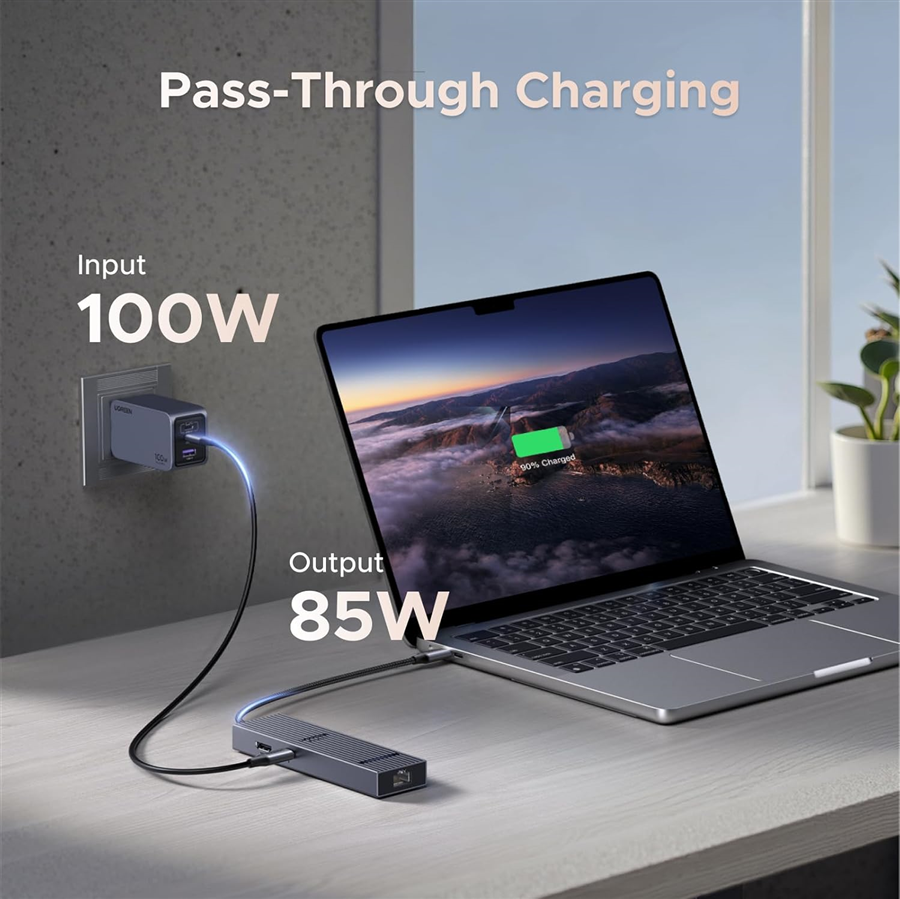 Bộ chia USB-C UGREEN 45364 Revodok Pro sang LAN 1Gbp, HDMI 4K 60Hz, USBA và C 10Gbs, sạc PD 100W