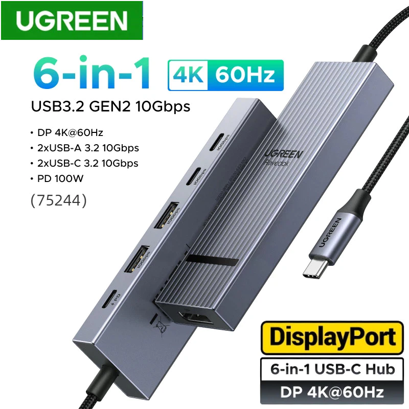 Bộ chia USB-C UGREEN 75244 Revodok sang DisplayPort 4K 60Hz, cấp nguồn 100W, USB-A và USB-C 3.2 10Gb
