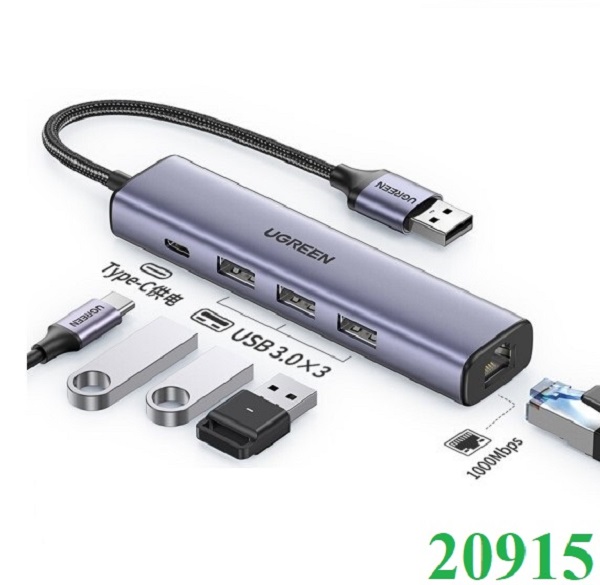 Bộ Hub chia USB 3.0 ra 3 cổng USB 3.0 + Lan Gigabit 1000Mbps Ugreen 20915 cao cấp