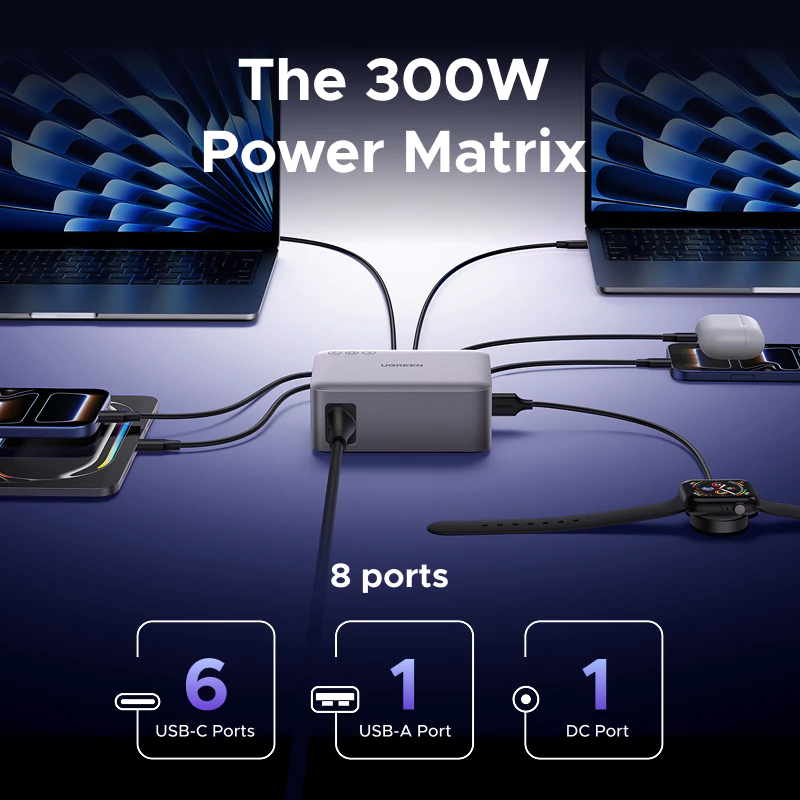 Bộ sạc nhanh máy tính để bàn UGREEN 300W X783 75752 GaN 8 cổng (6x USB-C + 1x USB-A + 1x DC) cao cấp