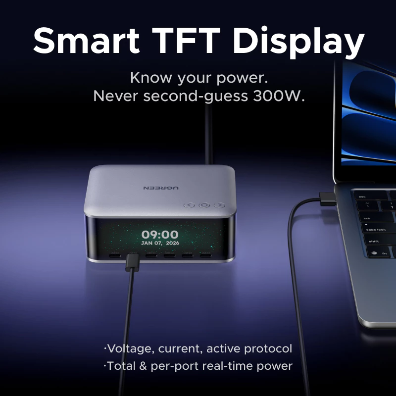 Bộ sạc nhanh máy tính để bàn UGREEN 300W X783 75752 GaN 8 cổng (6x USB-C + 1x USB-A + 1x DC) cao cấp