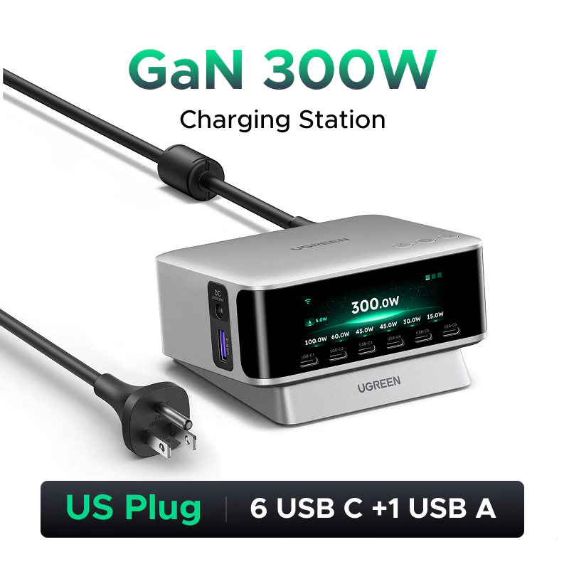 Bộ sạc nhanh máy tính để bàn UGREEN 300W X783 75752 GaN 8 cổng (6x USB-C + 1x USB-A + 1x DC) cao cấp