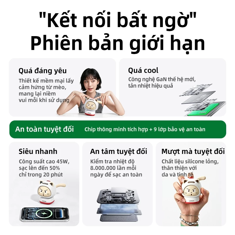 Bộ sạc UGREEN 45W Bộ sạc nhanh vui nhộn cho iPhone 17 16 15 Pro Max  Ugreen 45947/X640 cao cấp