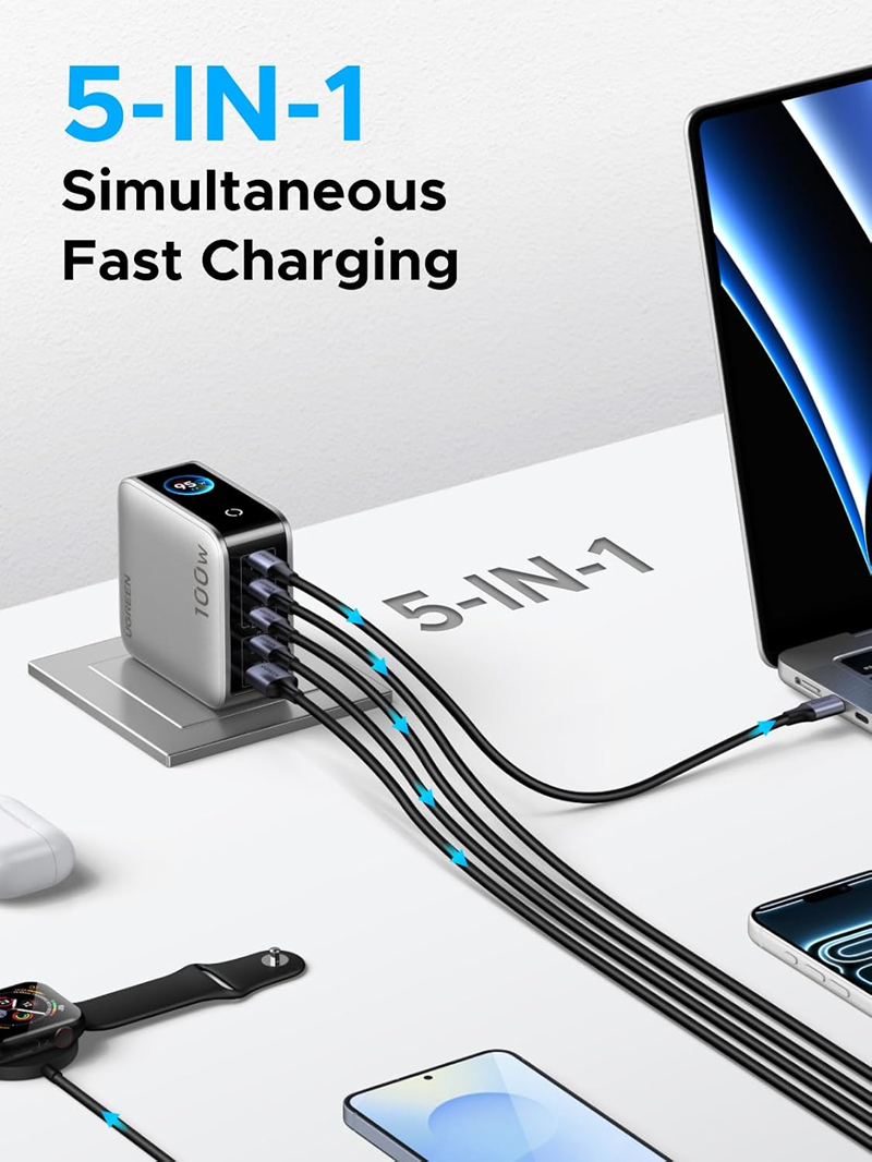 Bộ sạc USB C GaN 5 cổng UGREEN X773 Nexode Pro 100W, sạc màn hình thông minh