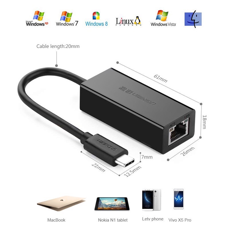 Cáp chuyển Usb Type C to Lan 10/100/1000 Mbps Ugreen 50307 cao cấp