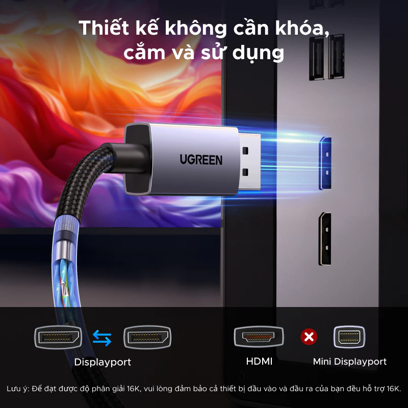 Cáp Displayport 2.1 dài 2M độ phân giải 16K@60Hz HDR Ugreen 55568 cao cấp