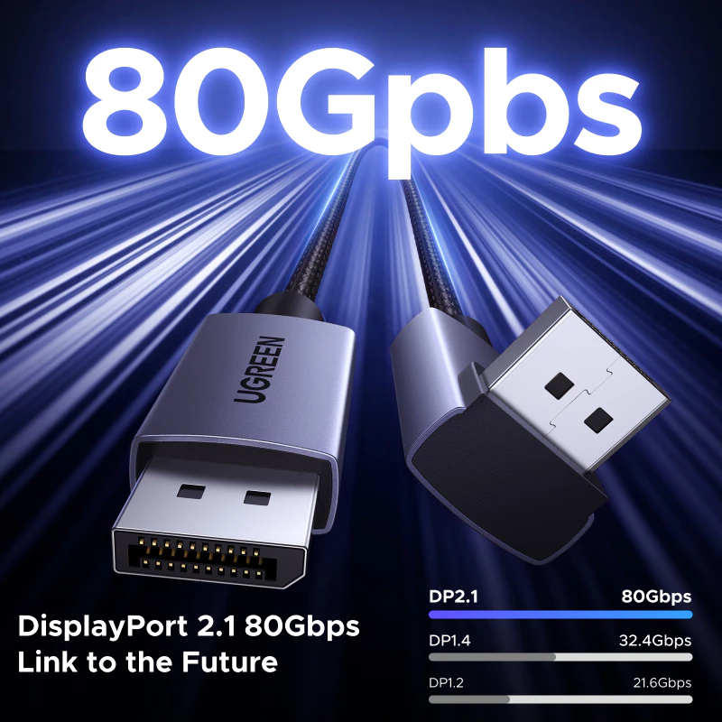 Cáp DisplayPort góc phải dài 3m UGREEN 16039 16K @ 60Hz 80Gbps DP 2.1 Dây 8K @ 240Hz 4K @ 240Hz