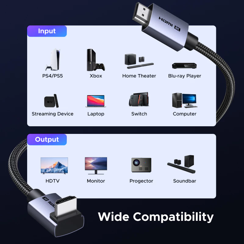 Cáp HDMI 2.1 bẻ góc 90 độ dài 2M hỗ trợ 8K@60Hz HDR eARC Ugreen 85169 cao cấp