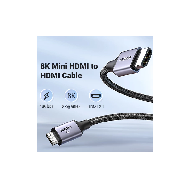 Cáp Mini HDMI sang HDMI 2.1 dài 1M Ugreen 15514 HD163, hỗ trợ 8K@60Hz 4K@144Hz 48Gbps cao cấp