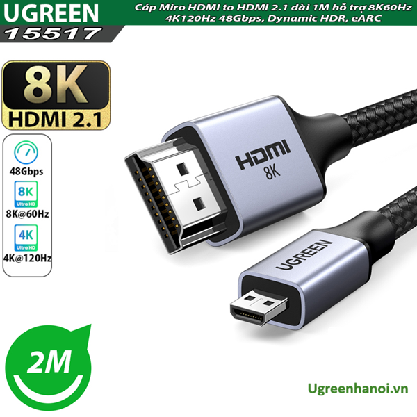 Cáp Miro HDMI sang HDMI 2.1 dài 2M Ugreen 15517, hỗ trợ 8K60Hz 4K120Hz 48Gbps, Dynamic HDR, eAR