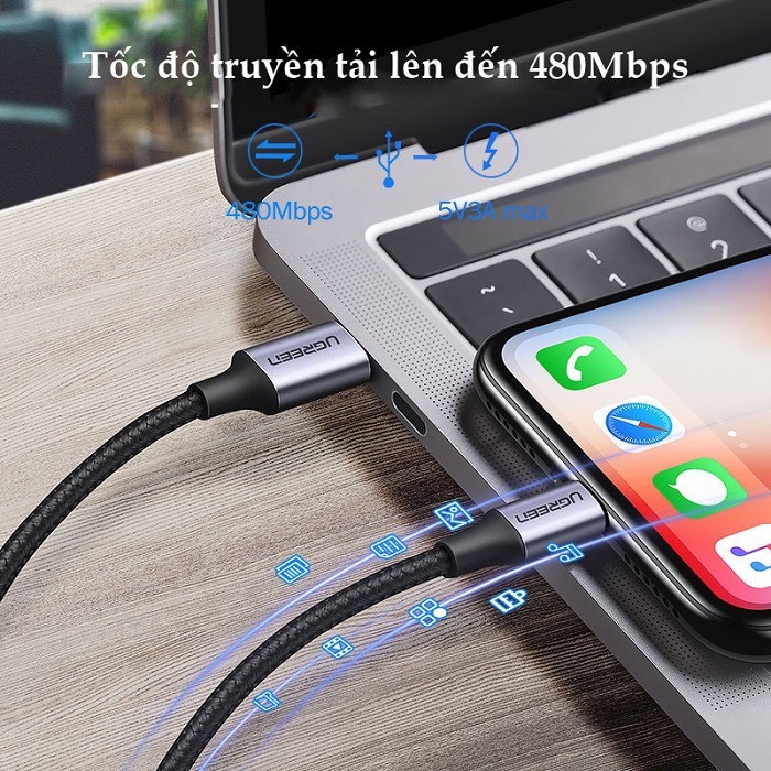 Cáp sạc nhanh UGREEN Mfi USB C Lightning 20W PD dài 2M cao cấp US304 - 60761 cao cấp