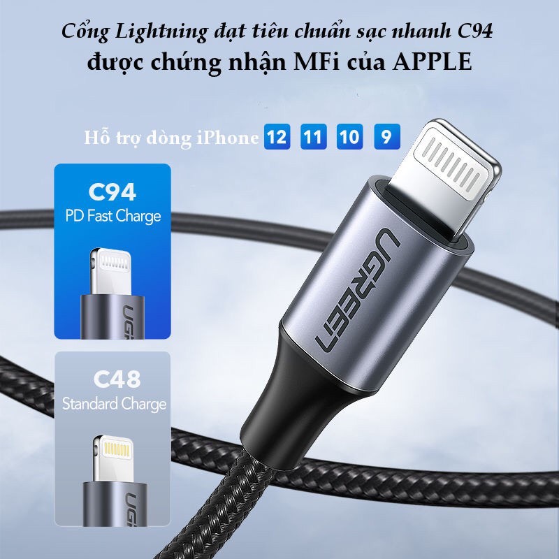 Cáp sạc nhanh UGREEN Mfi USB C Lightning 20W PD dài 2M cao cấp US304 - 60761 cao cấp