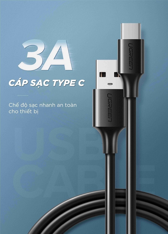 Cáp sạc nhanh UGREEN US287 USB 2.0 sang USB Type-C, điện áp 3A dài 1M  60116 cao cấp