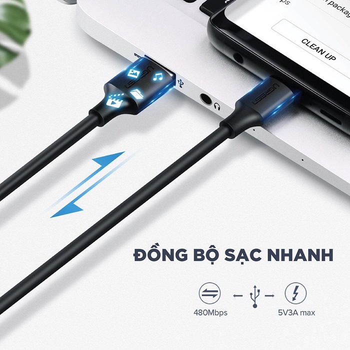 Cáp sạc nhanh UGREEN US287 USB 2.0 sang USB Type-C, điện áp 3A dài 1M  60116 cao cấp