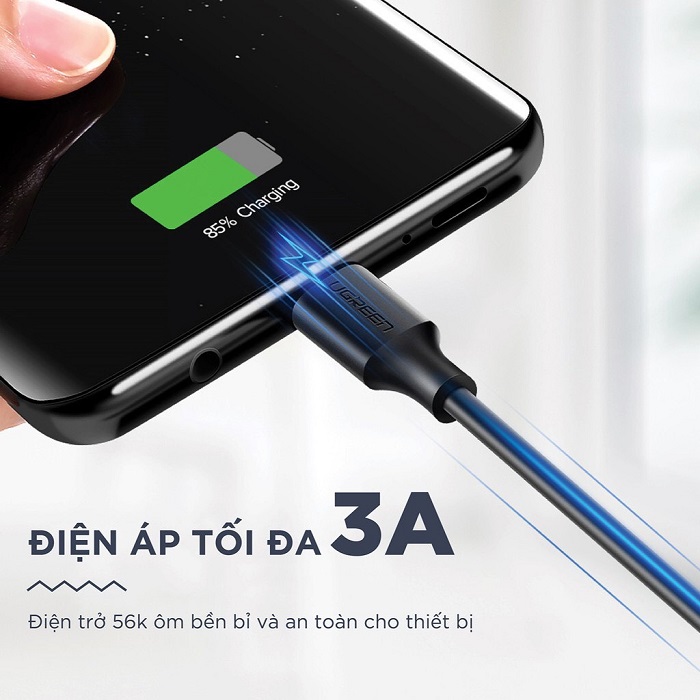 Cáp sạc nhanh UGREEN US287 USB 2.0 sang USB Type-C, điện áp 3A màu đen dài 1,5m 60117