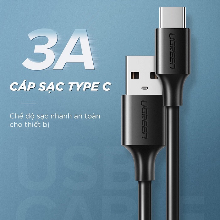 Cáp sạc nhanh UGREEN US287 USB 2.0 sang USB Type-C, điện áp 3A màu đen dài 2m 60118