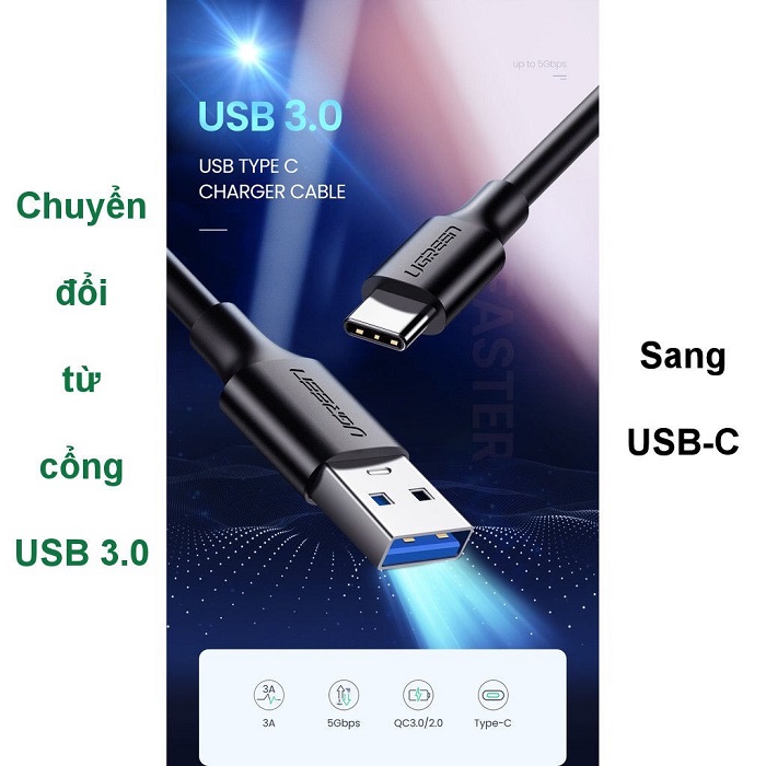 Cáp sạc và truyền dữ liệu tốc độ nhanh USB 3.0 sang USB type C, 3A dài 1M Ugreen US184 20882