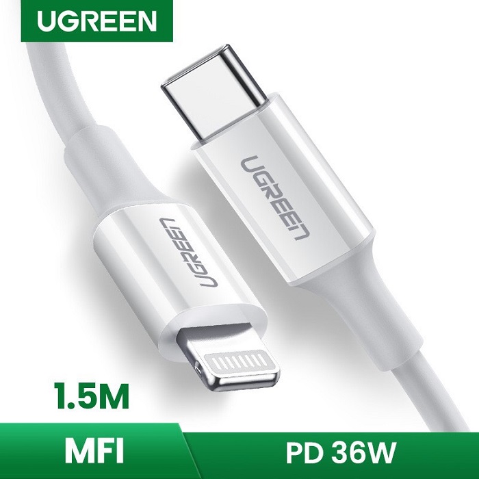 Cáp UGREEN 20W MFi đầu USB C Type C - Lightning dài 1,5m màu trắng 60748 Chất Lượng Cao
