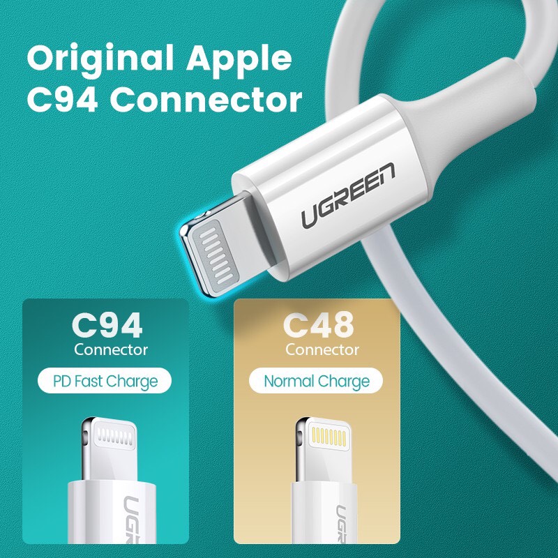 Cáp UGREEN 20W MFi đầu USB C Type C - Lightning dài 1,5m màu trắng 60748 Chất Lượng Cao