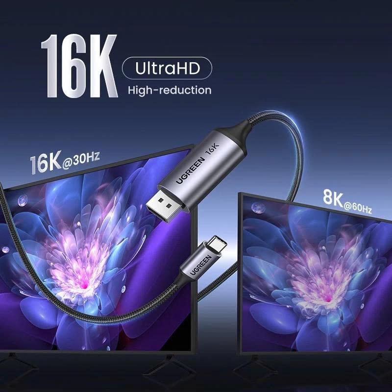 Cáp UGREEN DP 16K 30Hz USB-C sang DP2.1 25864 UltraHD hỗ trợ 3D, HDCP, HDR, Dolby 40Gbs