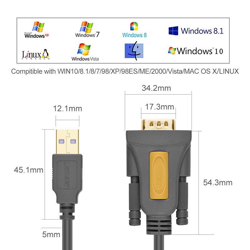 Cáp USB sang Com RS 232 dài 1M chính hãng Ugreen 20210 cao cấp