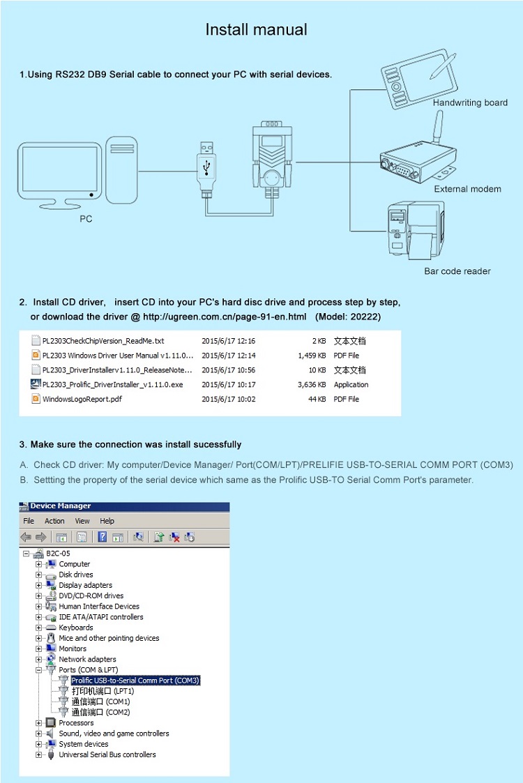 Cáp USB sang Com RS 232 dài 3m chính hãng Ugreen 20223 Cao cấp