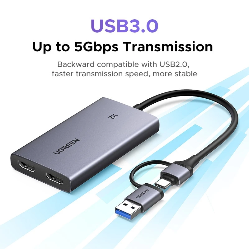 Card thu hình HDMI UGREEN 25773 4K@30Hz Loop Out hỗ trợ độ phân giải 2K 30FPS 1080P 60FPS, USB 3.0