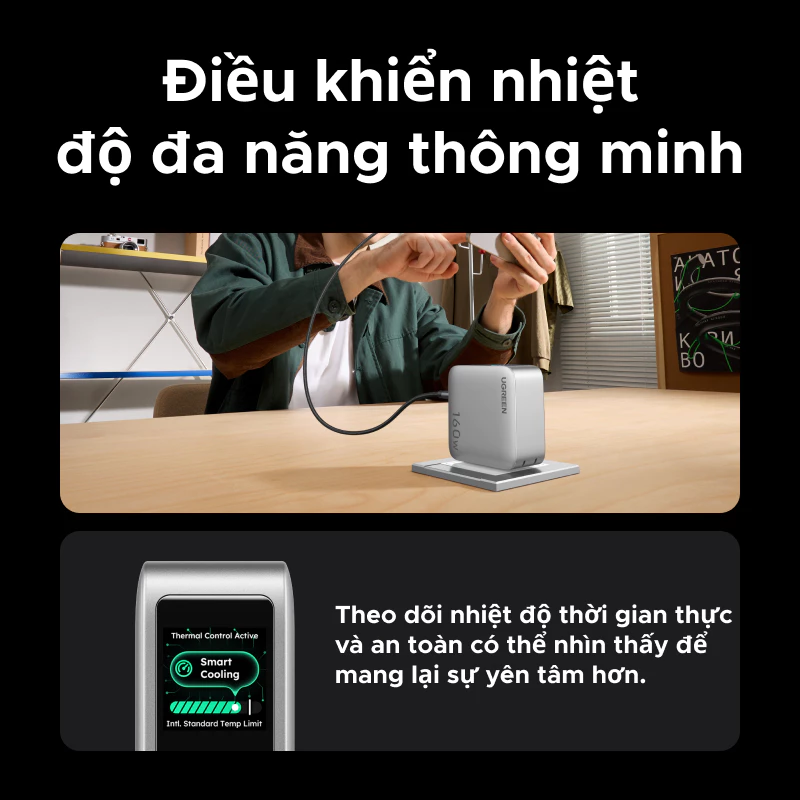 Củ sạc nhanh 160W GaN 5 cổng USB-C x4, USB-A x1 có màn LCD hiển thị Ugreen 35379/X774 cao cấp