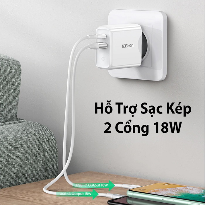 Củ Sạc nhanh 2 cổng USB A và USB Type-C 36W Ugreen 60468 Hỗ trợ QC3.0, PD3.0 cao cấp