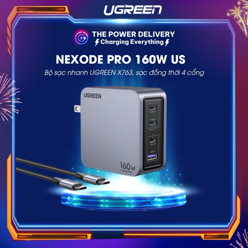 Củ sạc nhanh GaN Nexode Pro 160W UGREEN X763 - 25876 | Sạc đồng thời 4 cổng | Công suất 140W cho Mac